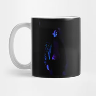 Portrait, digital collage and special processing. Beautiful guy in sport suit with bare torso. Blue. Some glow on right. Mug